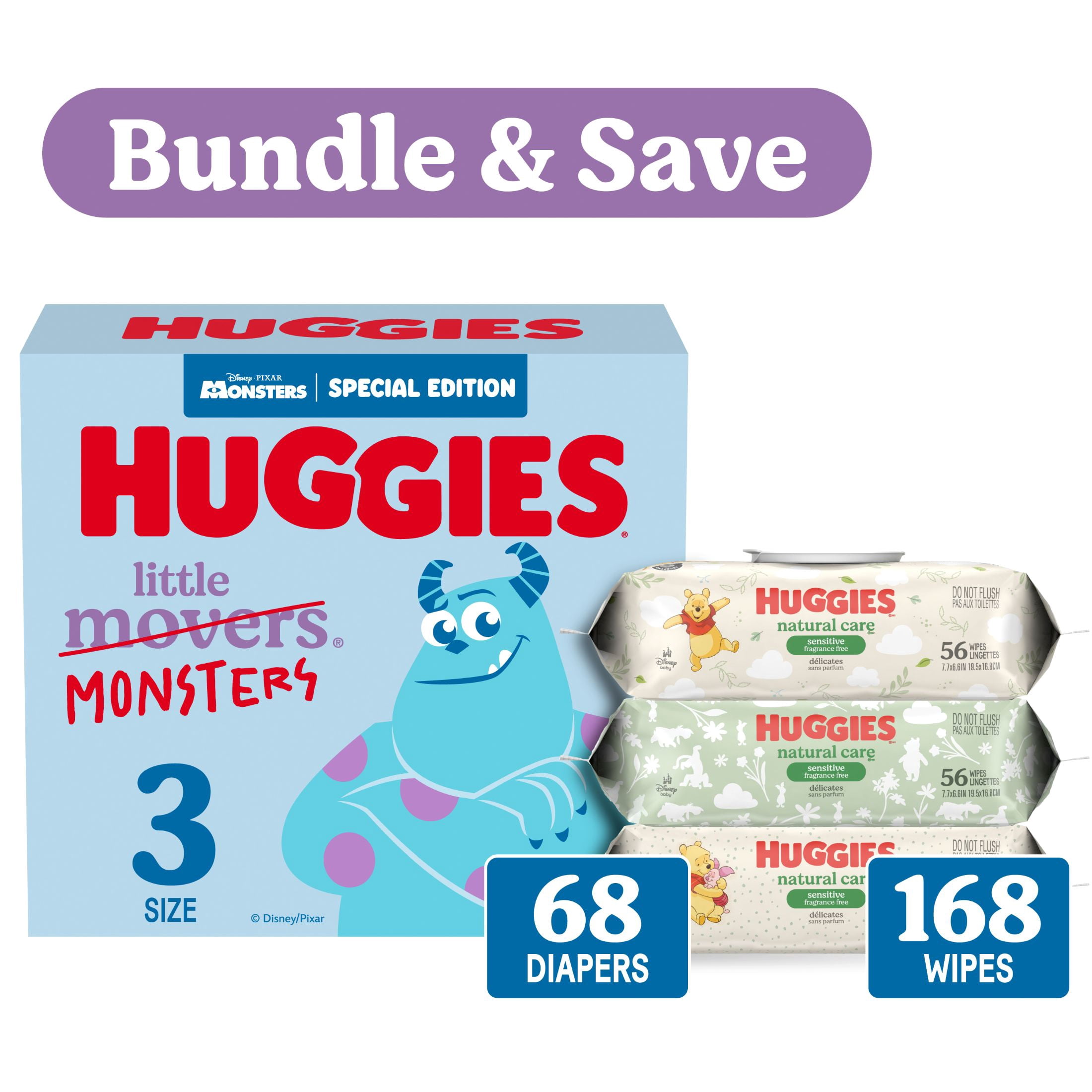 Huggies Little Movers, Little Monsters Edition Baby Diapers, Size 3, 68 Count & Huggies Natural Care Wipes, 168 count Bundle