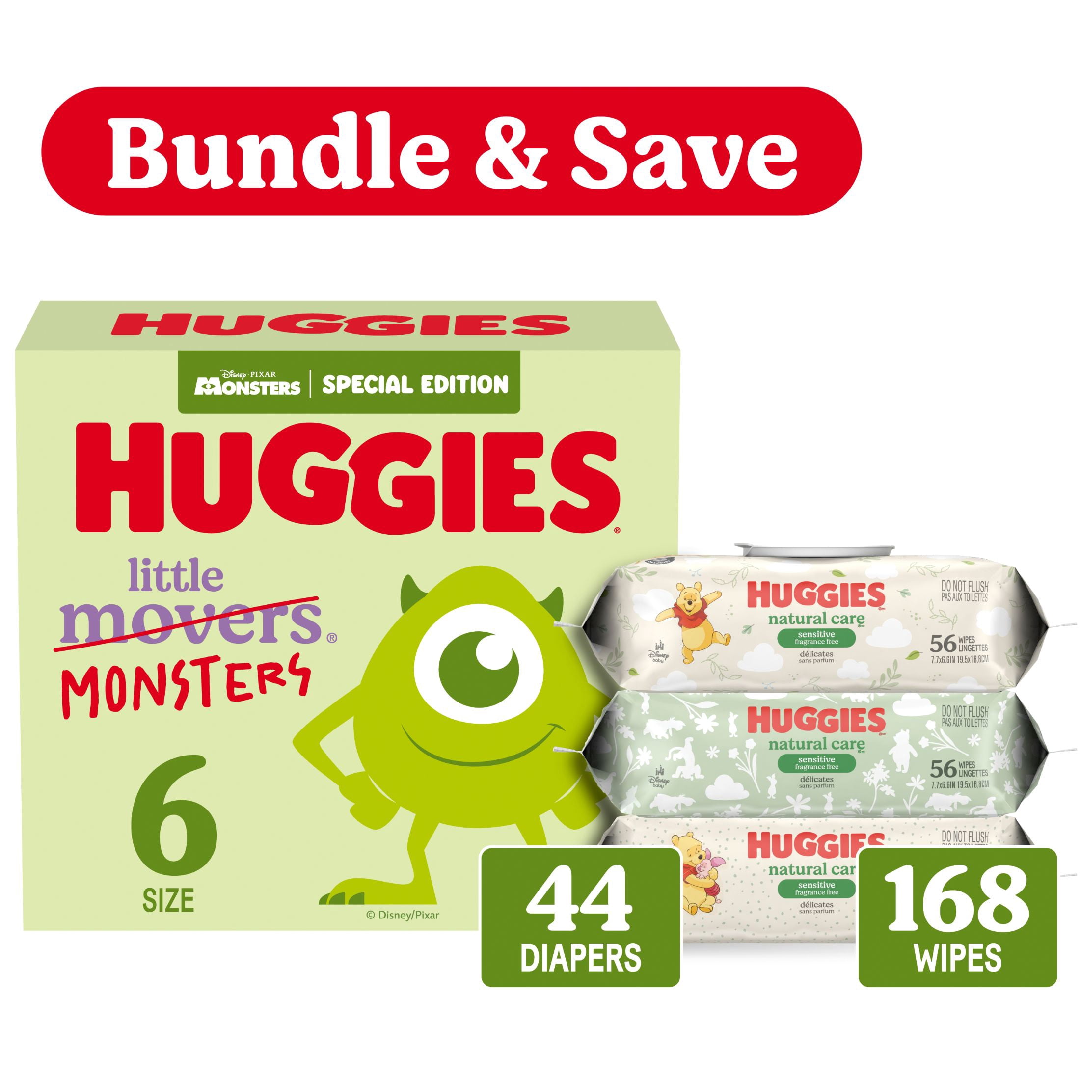 Huggies Little Movers, Little Monsters Edition Baby Diapers, Size 6, 44 Count & Huggies Natural Care Wipes, 168 count Bundle