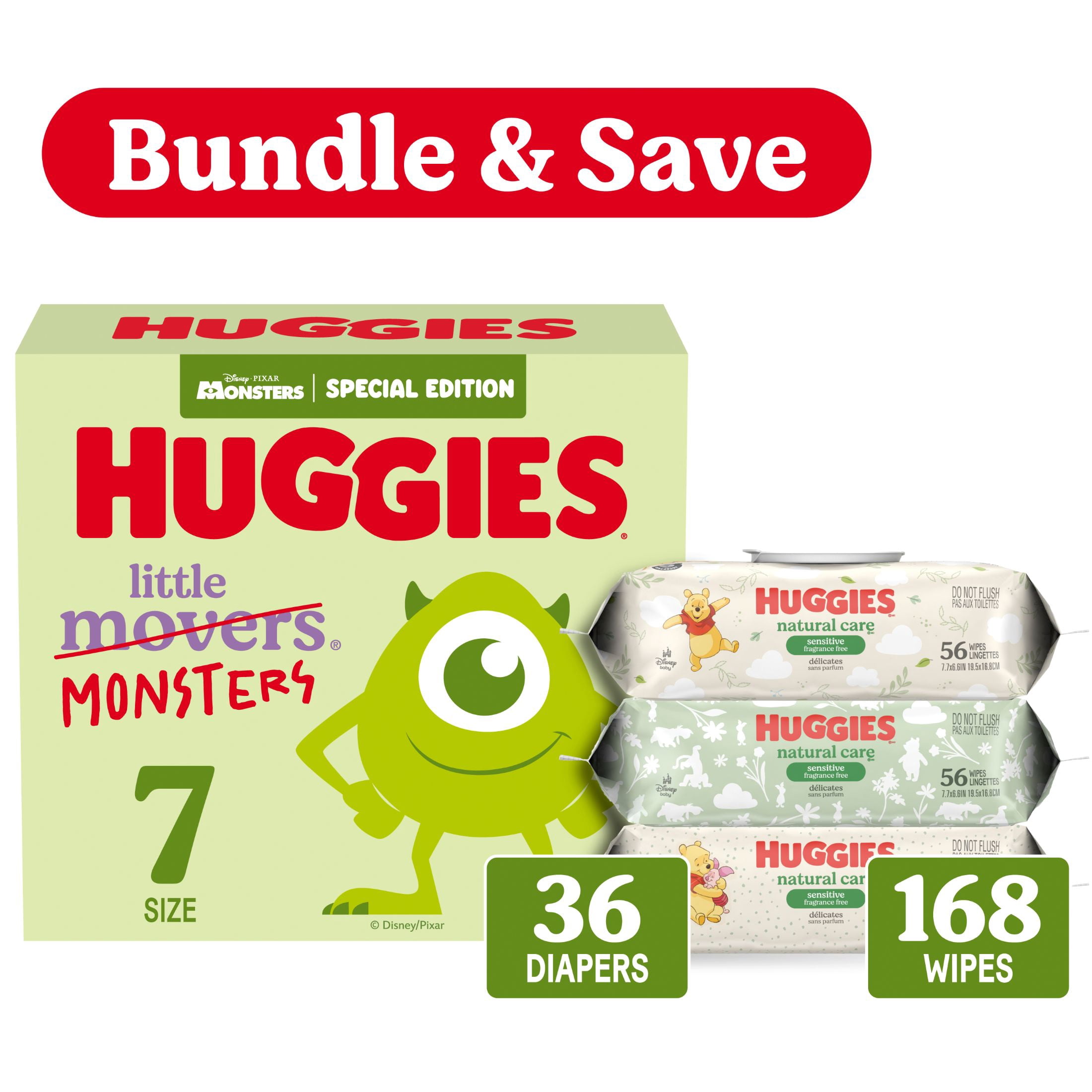 Huggies Little Movers, Little Monsters Edition Baby Diapers, Size 7, 36 Count & Huggies Natural Care Wipes, 168 count Bundle