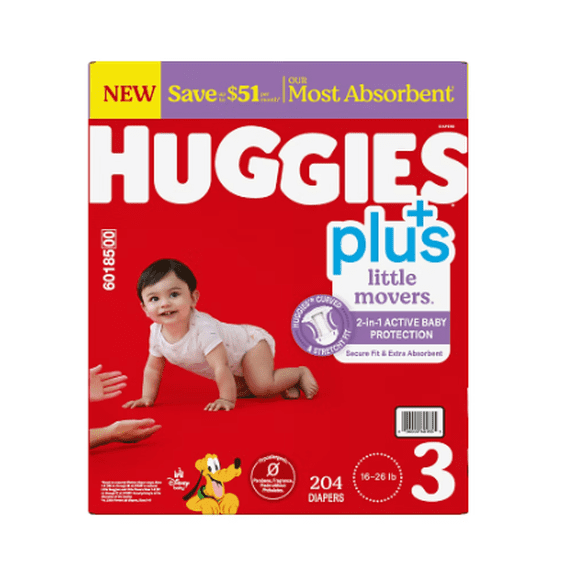 Huggies Little Movers Plus Baby Diapers Size 3, 204 Count, Leak-Free Day & Night Protection, Hypoallergenic, Fragrance Free, Disposable Diapers for Active Babies