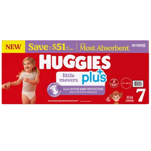 Huggies Little Movers Plus Baby Diapers Size 7, 104 Count, Disposable Diapers, Leak-Free Day & Night Protection, Hypoallergenic, Fragrance Free