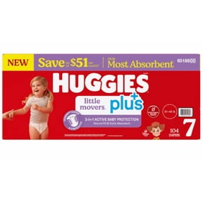 Huggies Little Movers Plus Baby Diapers Size 7, 104 Count, Disposable Diapers, Leak-Free Day & Night Protection, Hypoallergenic, Fragrance Free