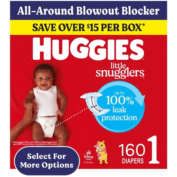 Huggies Little Snugglers Fragrance Free Baby Diapers, Size 1 (8-14 lbs), 160 Count (Select for More)