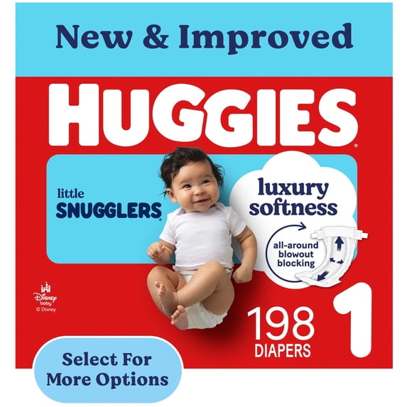 Huggies Little Snugglers Fragrance Free Baby Diapers, Size 1 (8-14 lbs), 198 Count (Select for More)
