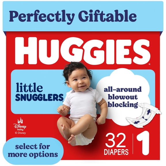 Huggies Little Snugglers, Fragrance Free Baby Diapers Size 1, 32 Count