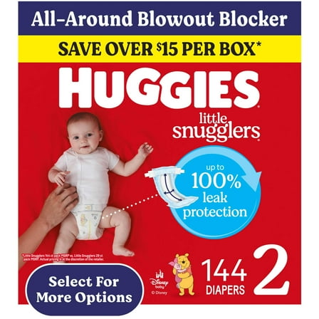 Huggies Little Snugglers Fragrance Free Baby Diapers, Size 2 (12-18 lbs), 144 Count (Select for More)