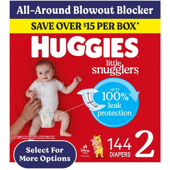 Huggies Little Snugglers Fragrance Free Baby Diapers, Size 2 (12-18 lbs), 144 Count (Select for More)