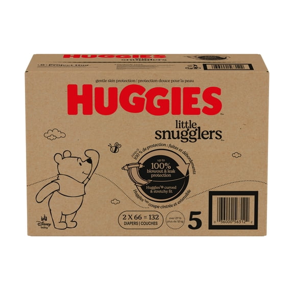 Huggies Little Snugglers Fragrance Free Baby Diapers, Size 5 (27+ lbs), 132 Count (2 Packs of 66) (Select for More)