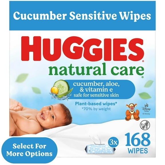 Huggies Natural Care Cucumber, Aloe and Vitamin E Baby Wipes, Scented, 3 Flip-Top Packs, 168 Total Count (Select for More)