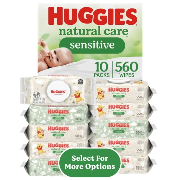 Huggies Natural Care Sensitive, Fragrance-Free Baby Wipes, Unscented Wipes, 10 Packs, 560 Wipes