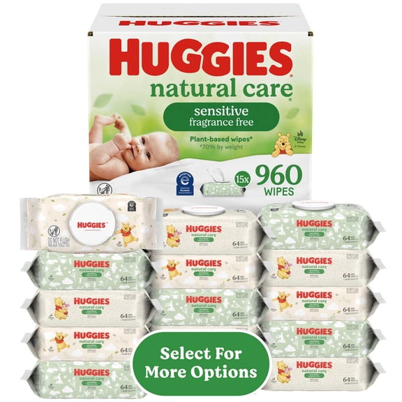 Huggies Natural Care Sensitive Baby Wipes, Unscented, 15 Flip-Top Packs, 960 Count