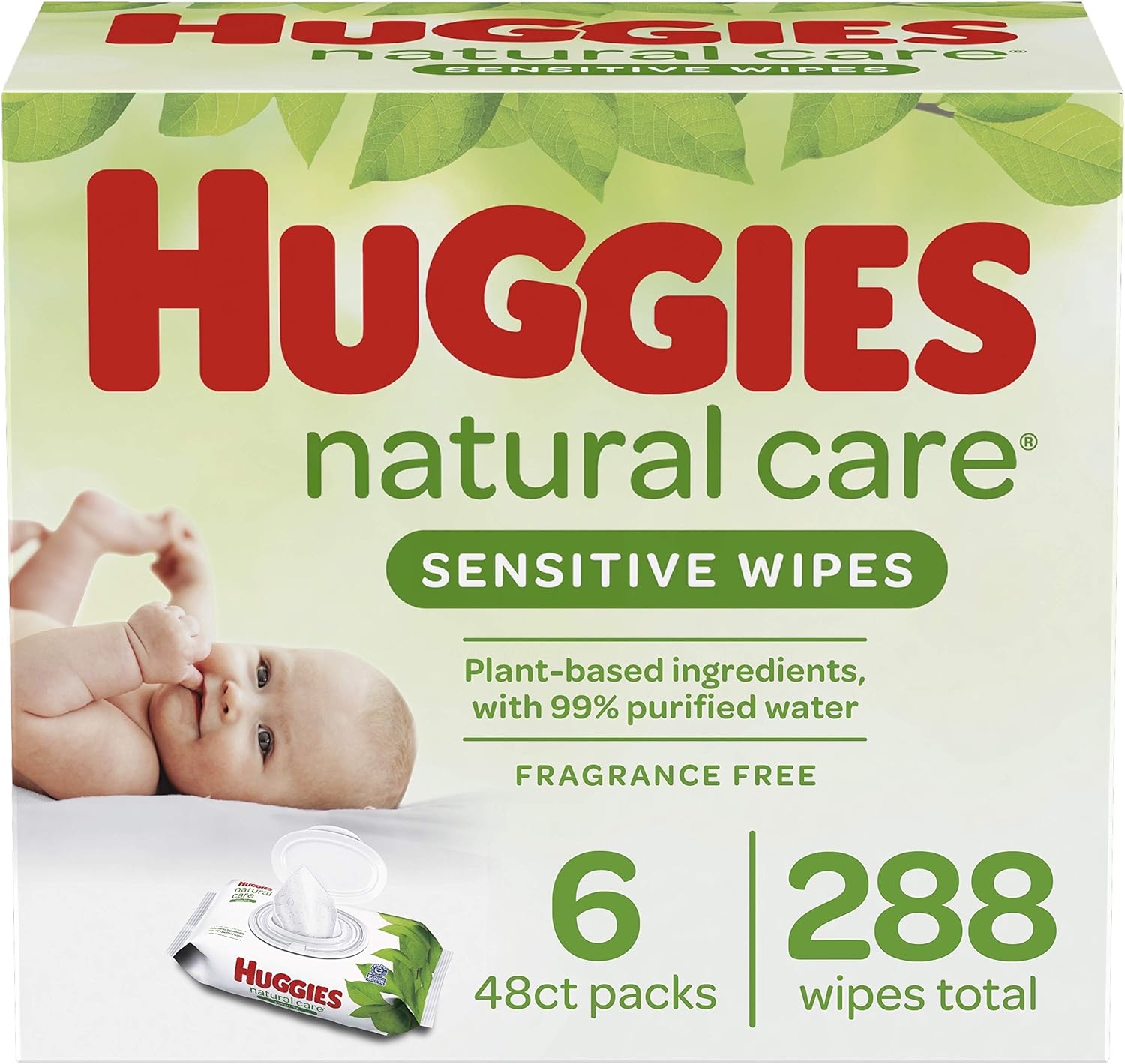 Huggies Natural Care Sensitive Baby Wipes, Unscented, 6 Flip-Top Packs, 48 Count (Pack of 6) - image 1 of 8