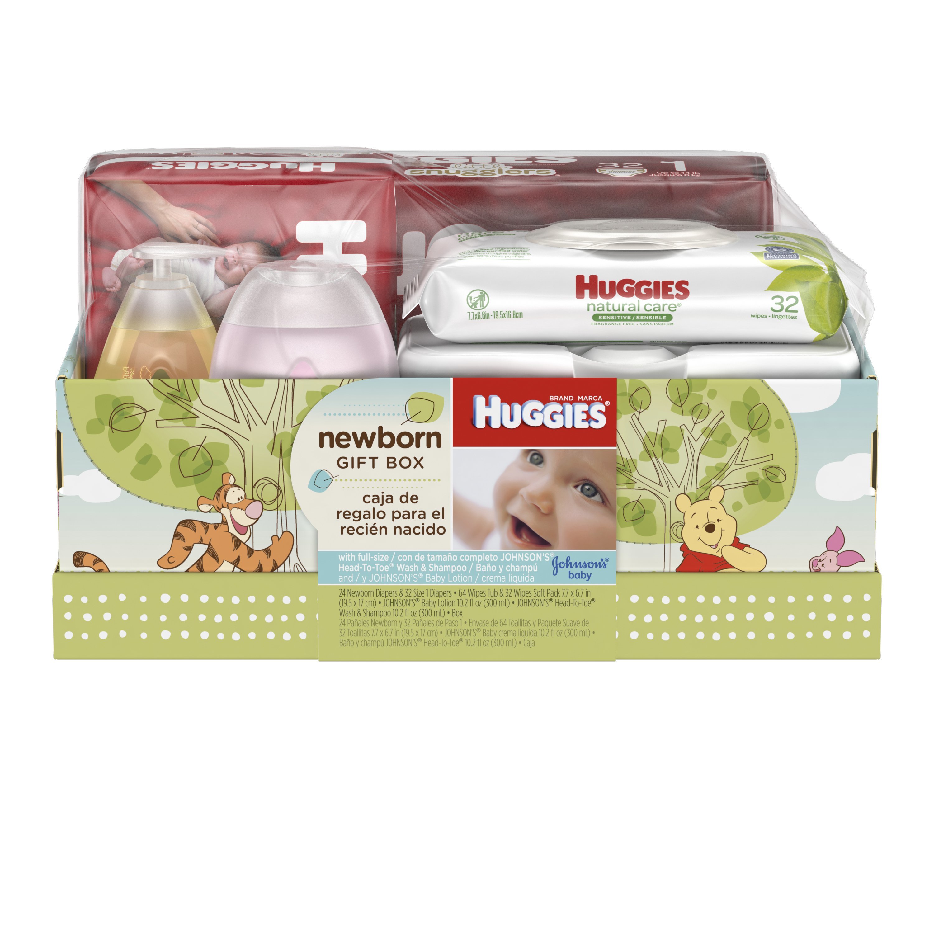 Huggies Newborn Gift Box - Little Snugglers Diapers (Size Newborn, 24 Ct & Size 1, 32 Ct), Natural Care Wipes (96 Ct) & Johnson's Baby Shampoo & Lotion - image 1 of 13