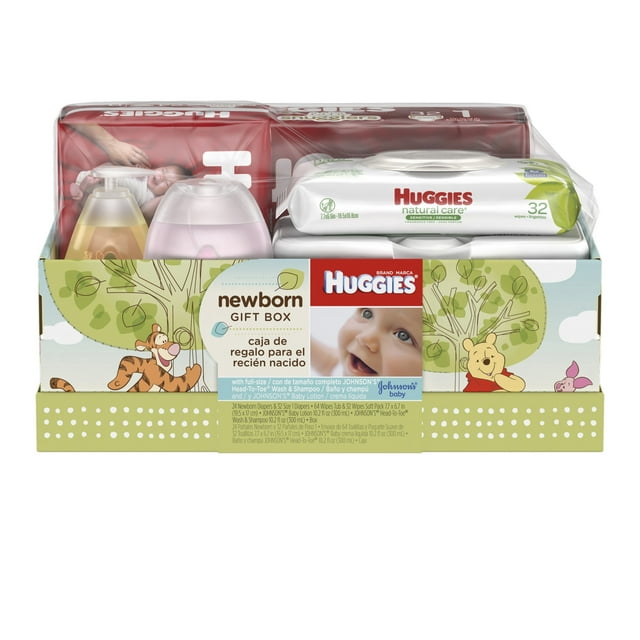 Huggies Newborn Gift Box - Little Snugglers Diapers (Size Newborn, 24 Ct & Size 1, 32 Ct), Natural Care Wipes (96 Ct) & Johnson's Baby Shampoo & Lotion