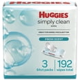 thumbnail image 1 of Huggies Simply Clean Fresh Scent Wipes, 3 Flip-Top Packs (192 Wipes Total), 1 of 9