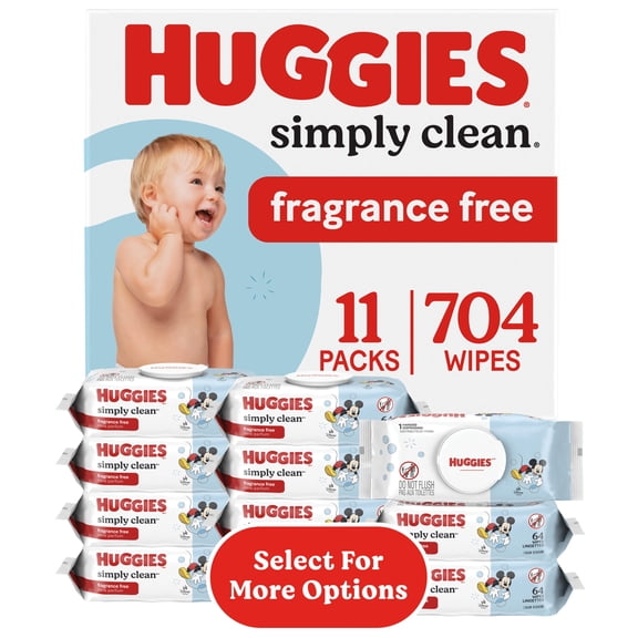 Huggies Simply Clean Unscented Baby Wipes, 11 Flip-Top Packs, 704 Total Count (Select for More)