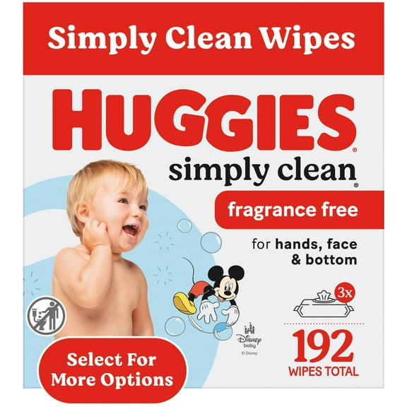 Huggies Simply Clean Unscented Baby Wipes, 3 Pack, 192 Total Count (Select for More)