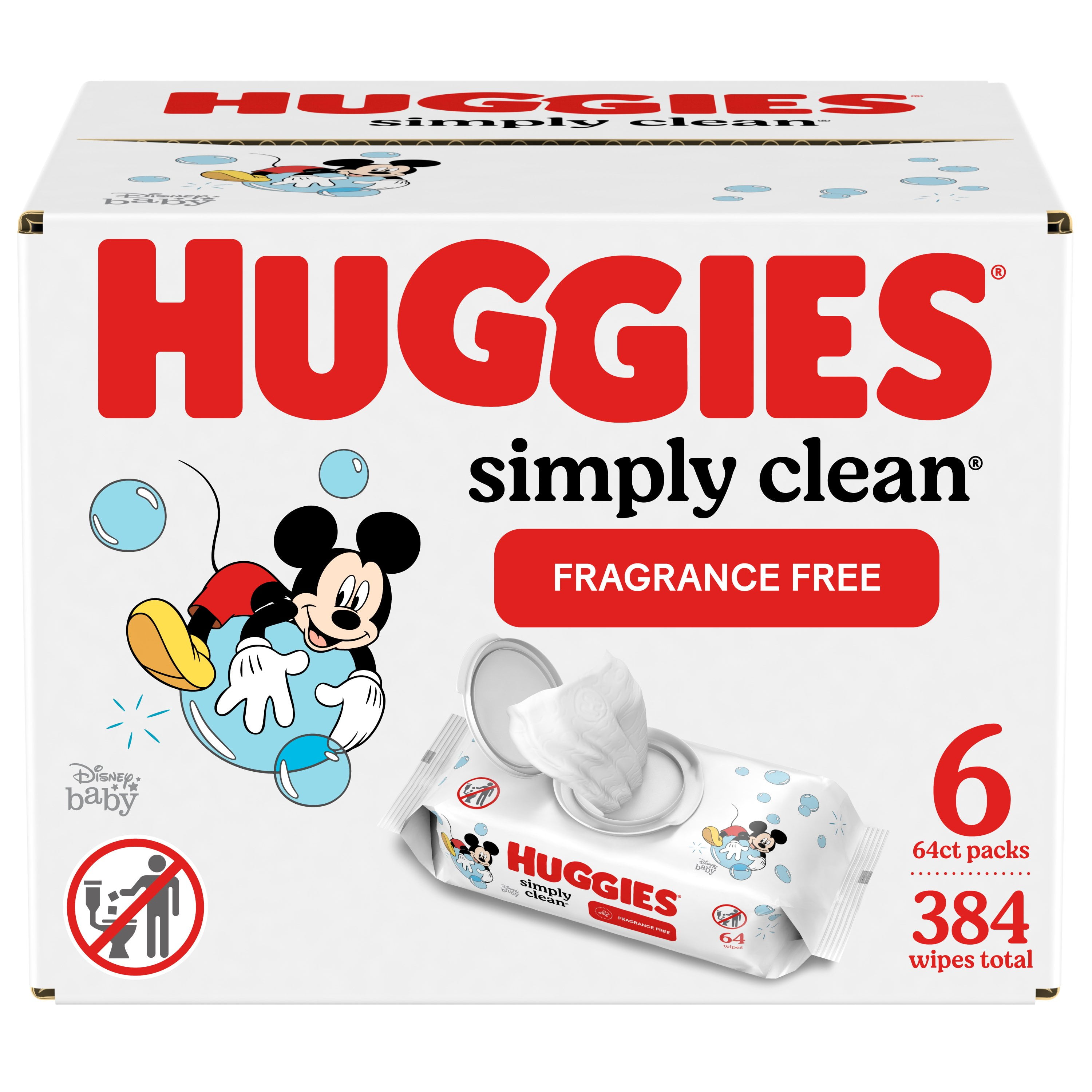 Huggies Simply Clean Unscented Baby Wipes, 6 Flip-Top Packs (384 Wipes Total)