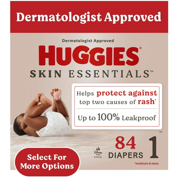 Huggies Skin Essentials Baby Diapers for Sensitive Skin, Size 1 (8-14 lbs), 84 Ct (Select for More)