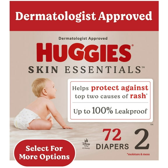 Huggies Skin Essentials Baby Diapers for Sensitive Skin, Size 2 (12-18 lbs), 72 Ct (Select for More)
