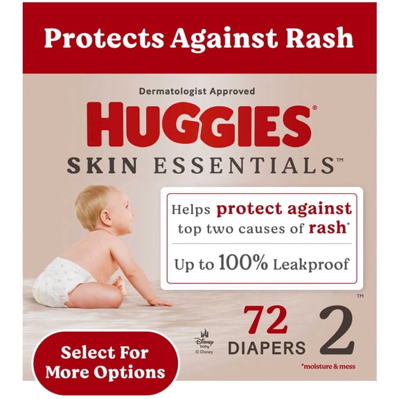 Huggies Skin Essentials Baby Diapers for Sensitive Skin, Size 2 (12-18 lbs), 72 Ct (Select for More)