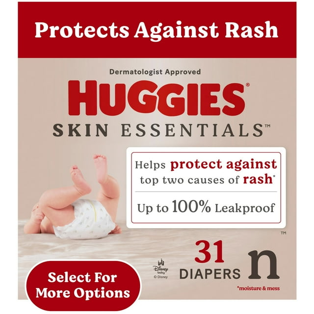 Huggies Skin Essentials Sensitive Skin Baby Diapers, Size Newborn (6-9 lbs), 31 Ct (Select for More)