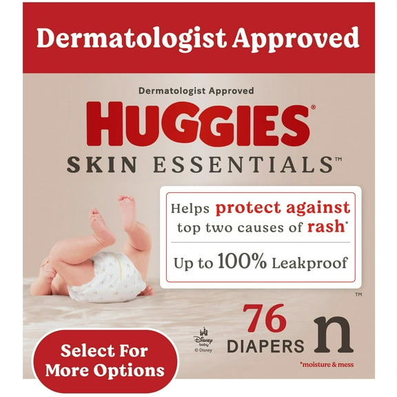 Huggies Skin Essentials Sensitive Skin Baby Diapers, Size Newborn (6-9 lbs), 76 Ct (Select for More)