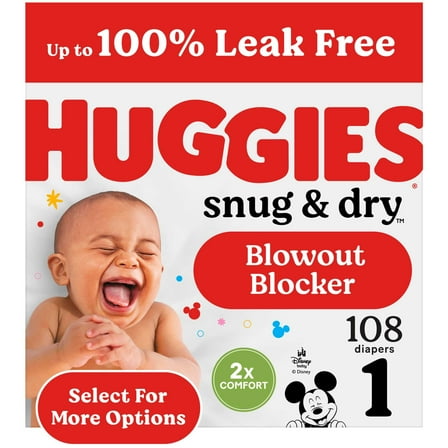 Huggies Snug & Dry Baby Diapers, Size 1 (8-14 lbs), 108 Count (Select for More)