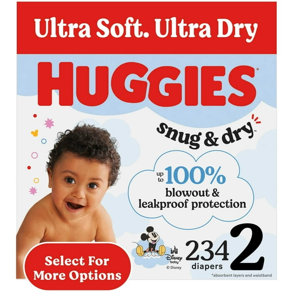Huggies Snug & Dry Baby Diapers, Size 2 (12-18 lbs), 234 Count (Select for More)