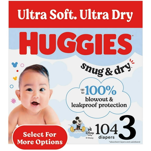 Huggies Snug & Dry Baby Diapers, Size 3 (16-28 lbs), 104 Count (Select for More)