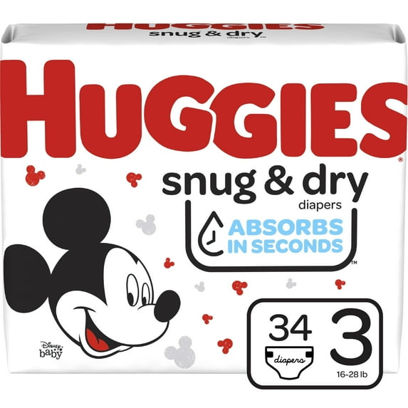 Huggies Snug & Dry Baby Diapers, Size 3, 34 Ct, Jumbo Pack