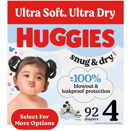Huggies Snug & Dry Baby Diapers, Size 4 (22-37 lbs), 92 Count (Select for More)