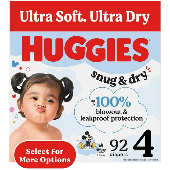 Huggies Snug & Dry Baby Diapers, Size 4 (22-37 lbs), 92 Count (Select for More)