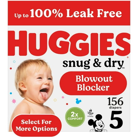 Huggies Snug & Dry Baby Diapers, Size 5 (27+ lbs), 156 Ct (Select for More)