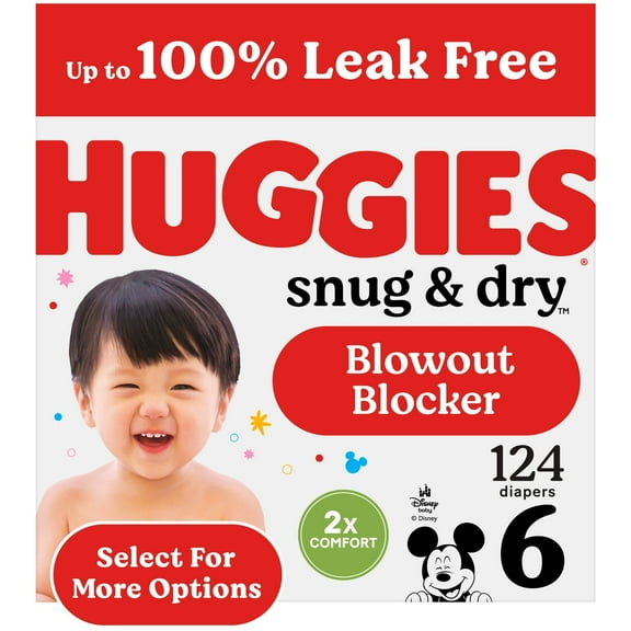 Huggies Snug & Dry Baby Diapers, Size 6 (35+ lbs), 124 Ct (Select for More)
