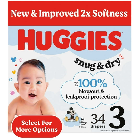 Huggies Snug & Dry Baby Diapers, Size 3 (16-28 lbs), 34 Ct (Select for More)