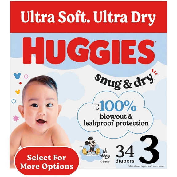Huggies Snug & Dry Baby Diapers, Size 3 (16-28 lbs), 34 Count (Select for More)
