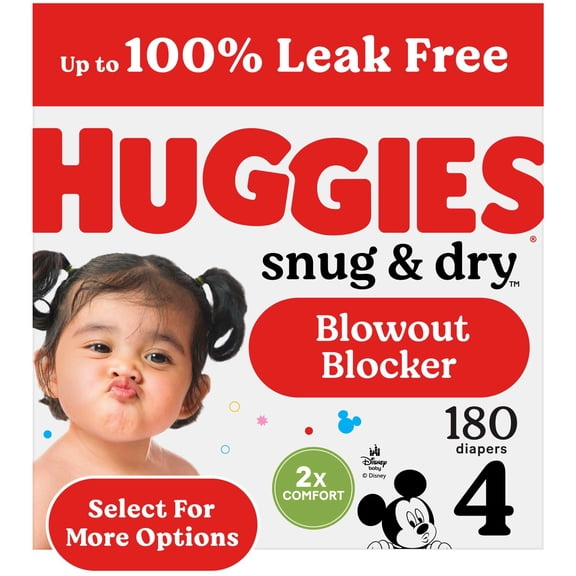 Huggies Snug & Dry Leakproof Baby Diapers, Size 4 (22-37 lbs), 180 Count (Select for More)