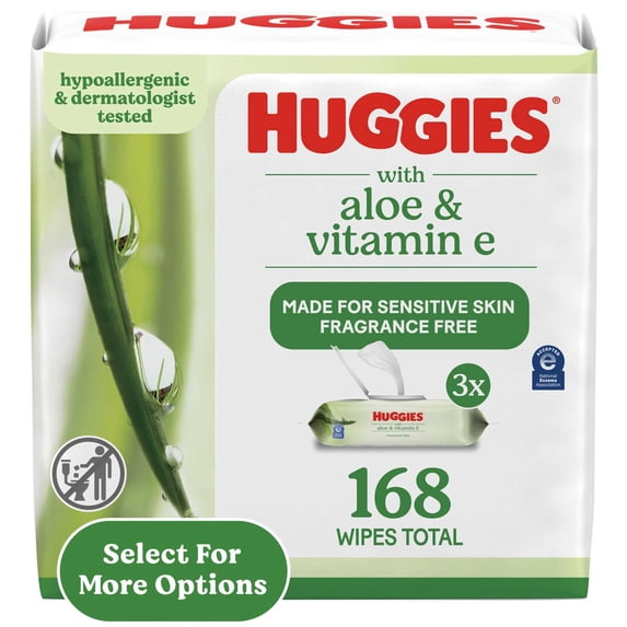 Huggies Wipes with Aloe & Vitamin E, Unscented, 3 Flip-Top Packs, 168 Total Count
