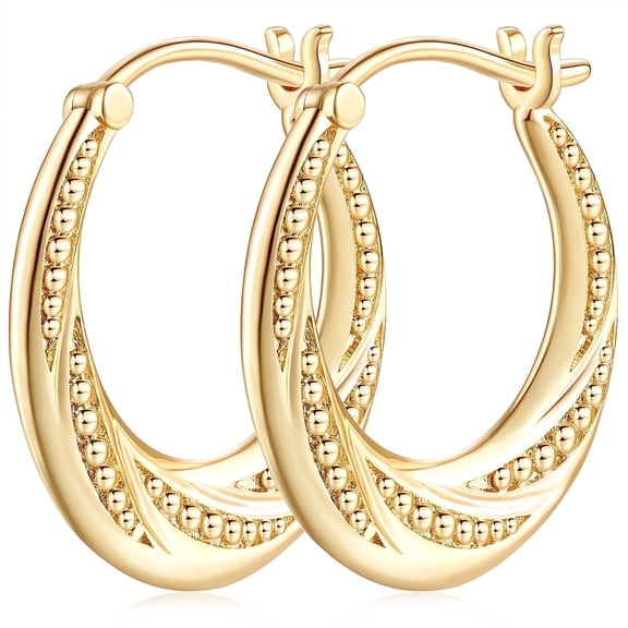 Elegant 14K Gold Hoop Earrings for Women Lightweight Small Gold Hoops with Textured Bead Detail, Hypoallergenic 22mm Huggie Style Gold Plated Earrings, Everyday Jewelry Gift for Her