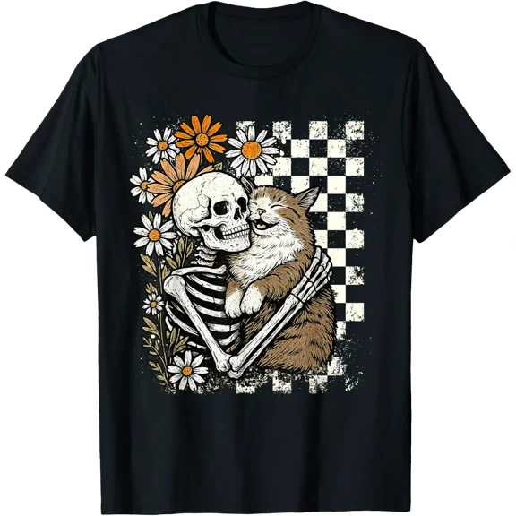 Hugging Cat Floral Halloween Cats Lover Mom Mama T-Shirt Size S-5XL