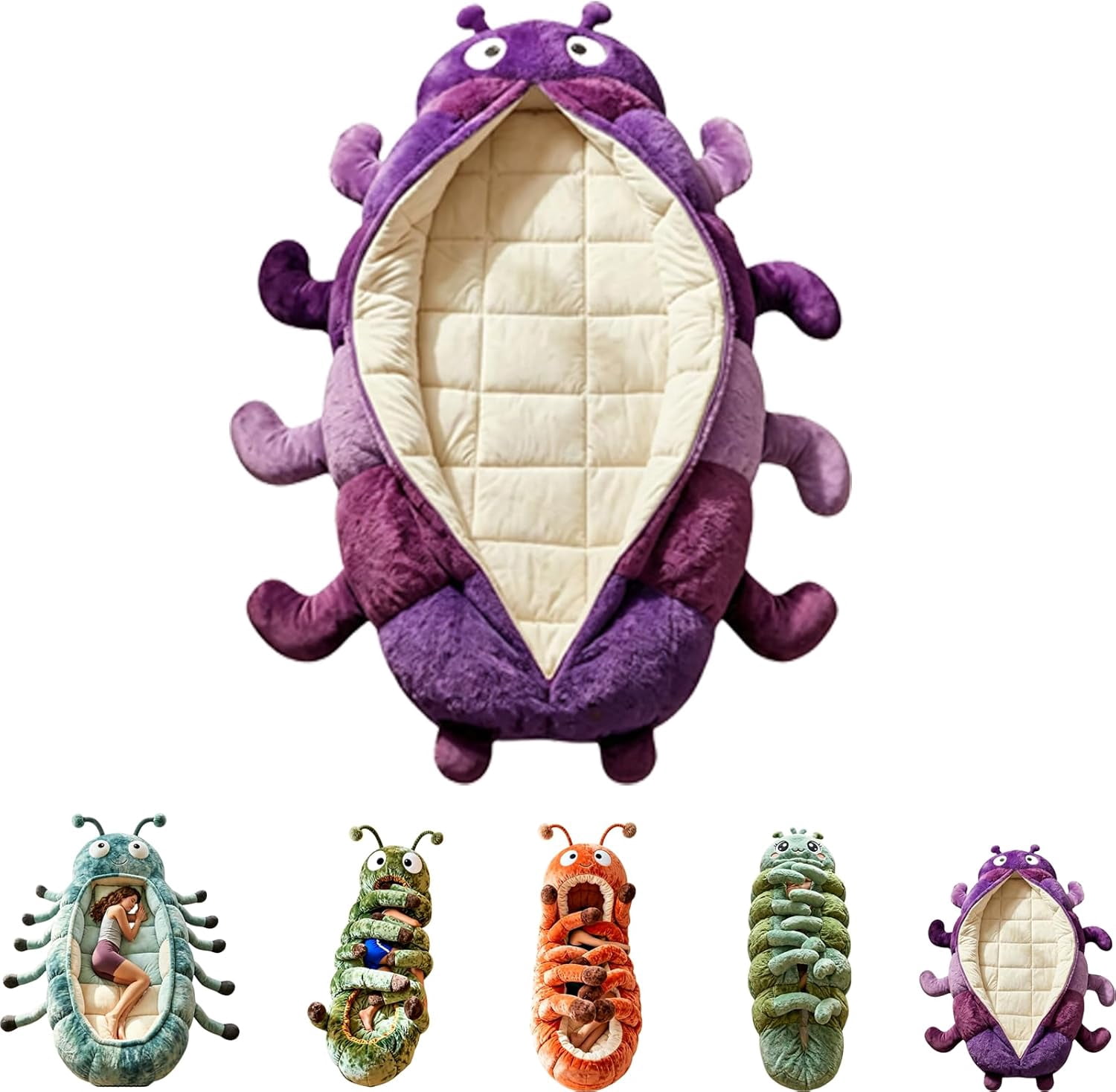 Hugging Caterpillar Sleeping Bags, 75 Inch Plush Cocoon Sleeping Bag with Adjustable Pull Cord for Adults, Indoor Nap Pod, Cozy Reading Nest with Full-Body Hug Feel(Purple)