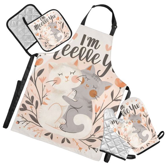 Hugging Cats Painting Oven Mitts and Pot Holders with Chef Apron Set 5 Pcs Kitchen Cooking Set