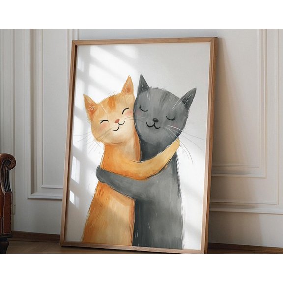 Hugging Cats Wall Art Print, Unframed Paper Poster 11x14in