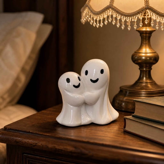Hugging Ghost Couple Desktop Figurine, Cute Ghost Tabletop Ornament Statue, Mini Spooky Ghost Decor for Home Shelf, Living Room & Halloween Party Display