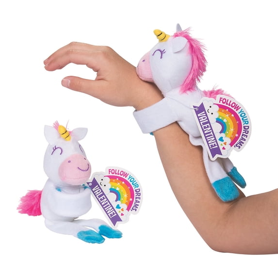 Hugging Stuffed Unicorn Slap Bracelets with Card, Jewelry, Valentine's Day, 12 Pieces