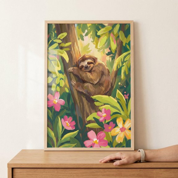 Hugging Tree Smiling Sloth Wall Art Jungle Nursery Decor Tropical Animal Illustration Whim
