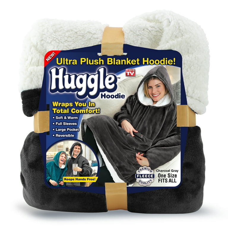Huggle Hoodie, Fleece & Sherpa Wearable Blanket Hoodie, Gray, Unisex One  Size 