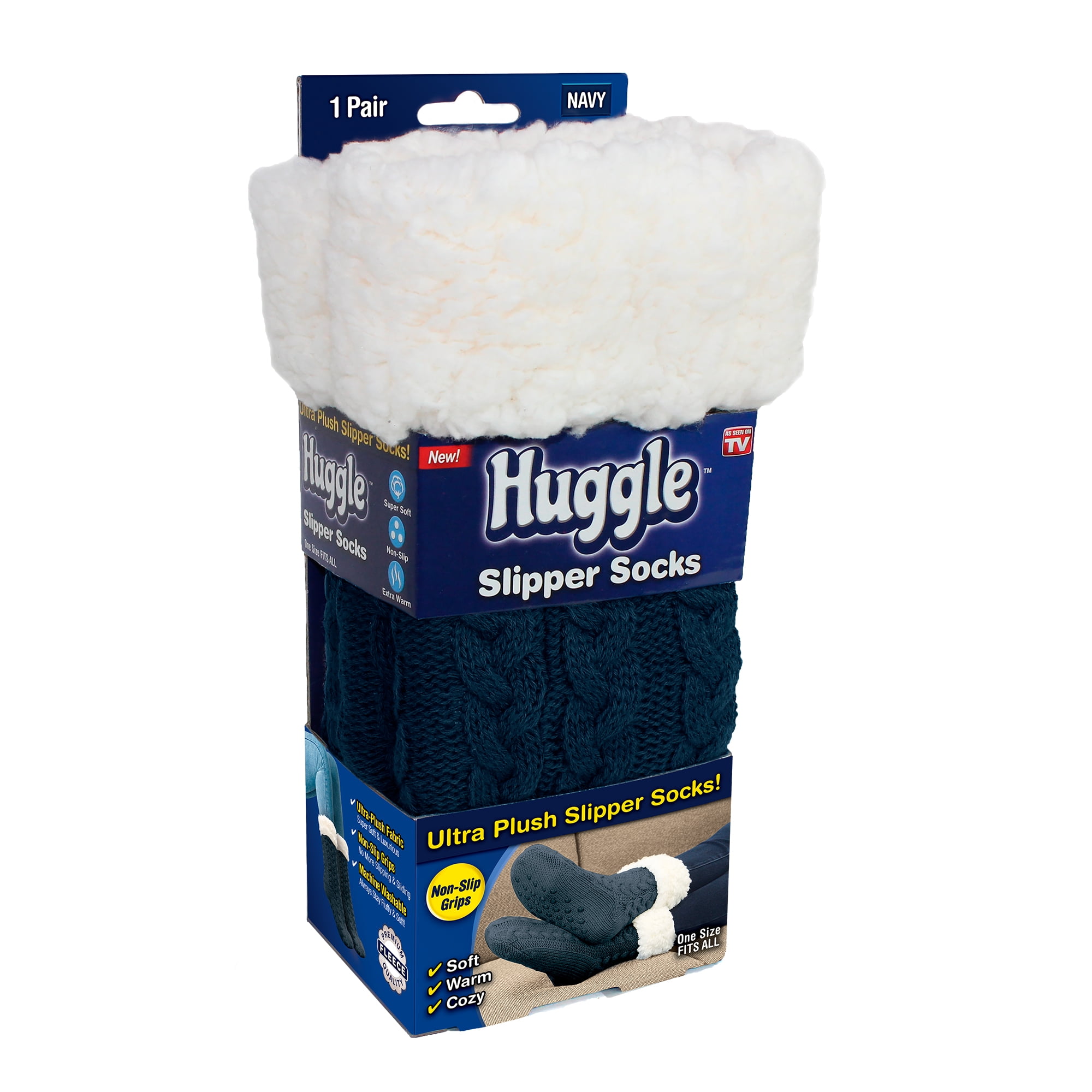 Huggle Slipper Socks, Ultra Plush Cable-Knit Non Slip Socks, Fleece Lined, One Size Unisex, Blue