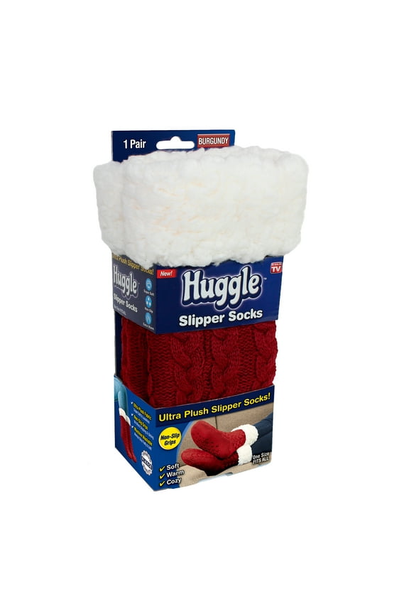 Huggle Slipper Socks, Ultra Plush Cable-Knit Non Slip Socks, Fleece Lined, One Size Unisex, Burgundy